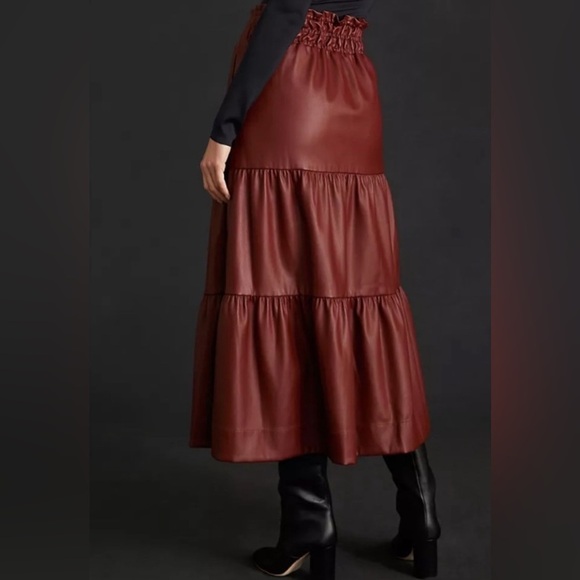 Anthropologie The Somerset Tiered Maxi Skirt: Faux Leather Edition Wine Bordeaux - Picture 3 of 11